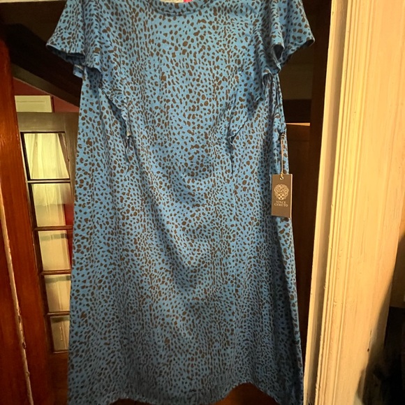 Vince Camuto Women's Animal Print ruffled midi Shift Dress santorini blue 2X - Picture 2 of 4